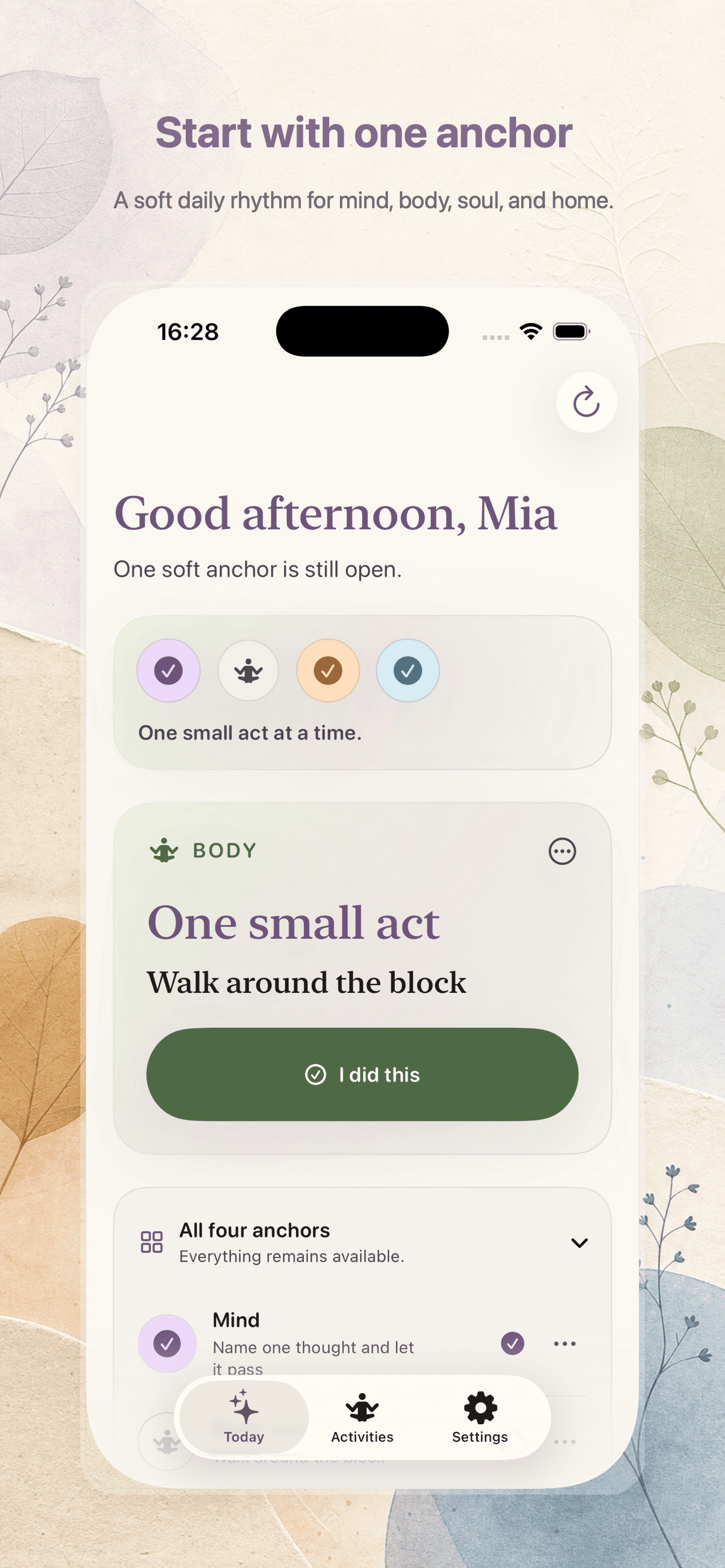 Lila Today screen showing one suggested daily anchor.