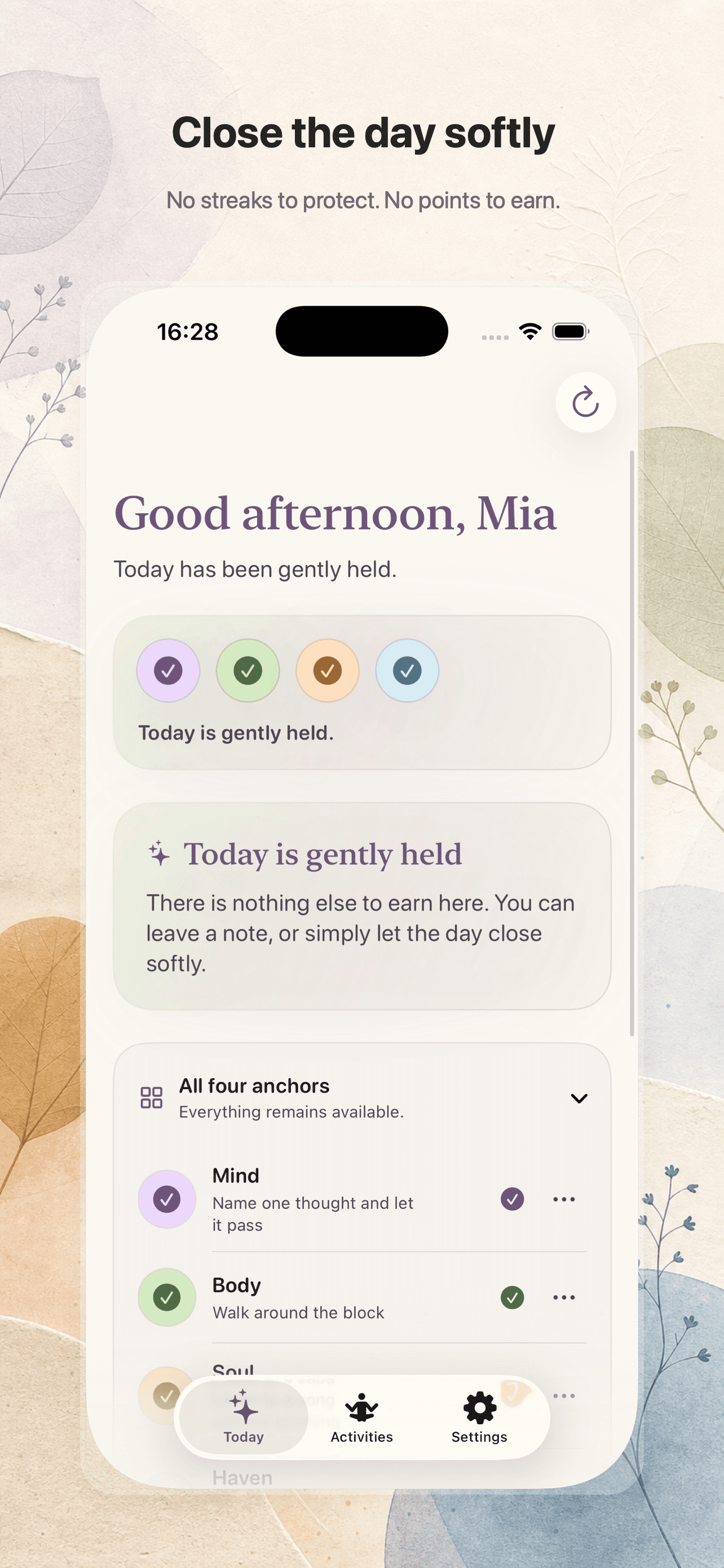 Lila completed day screen with gentle closure.