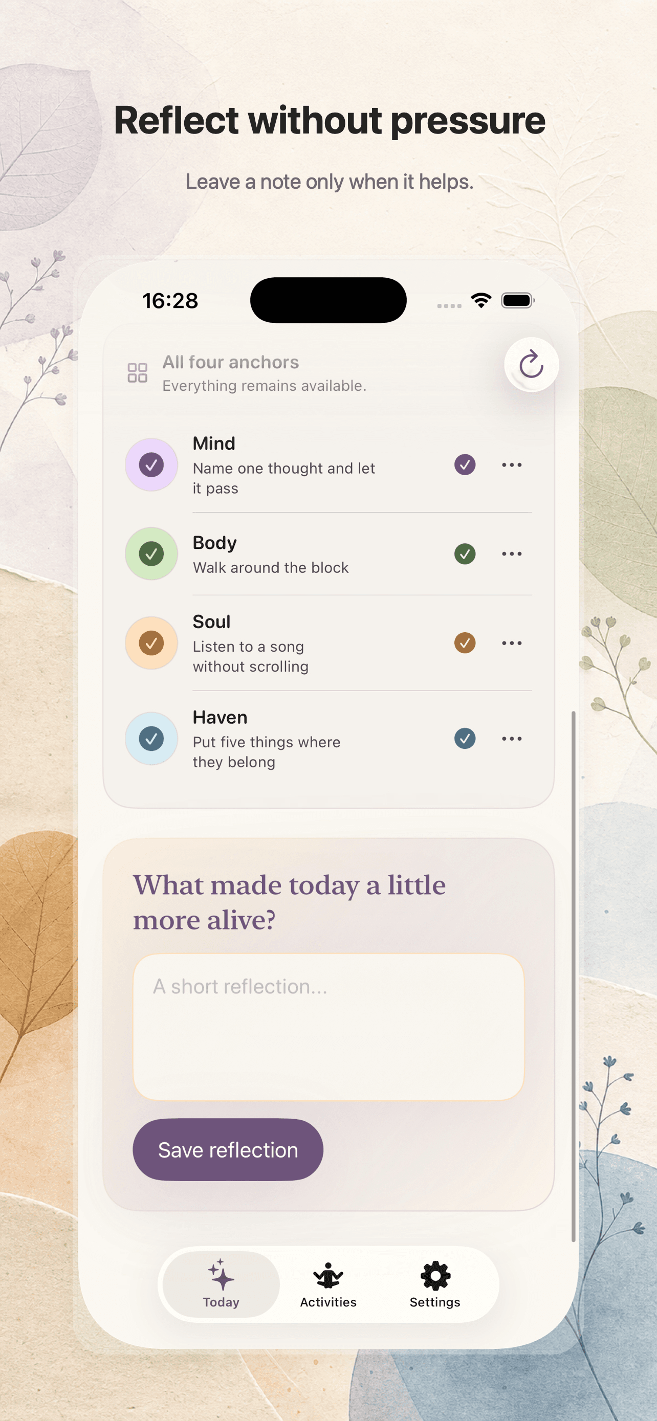 Lila reflection screen for a short daily note.