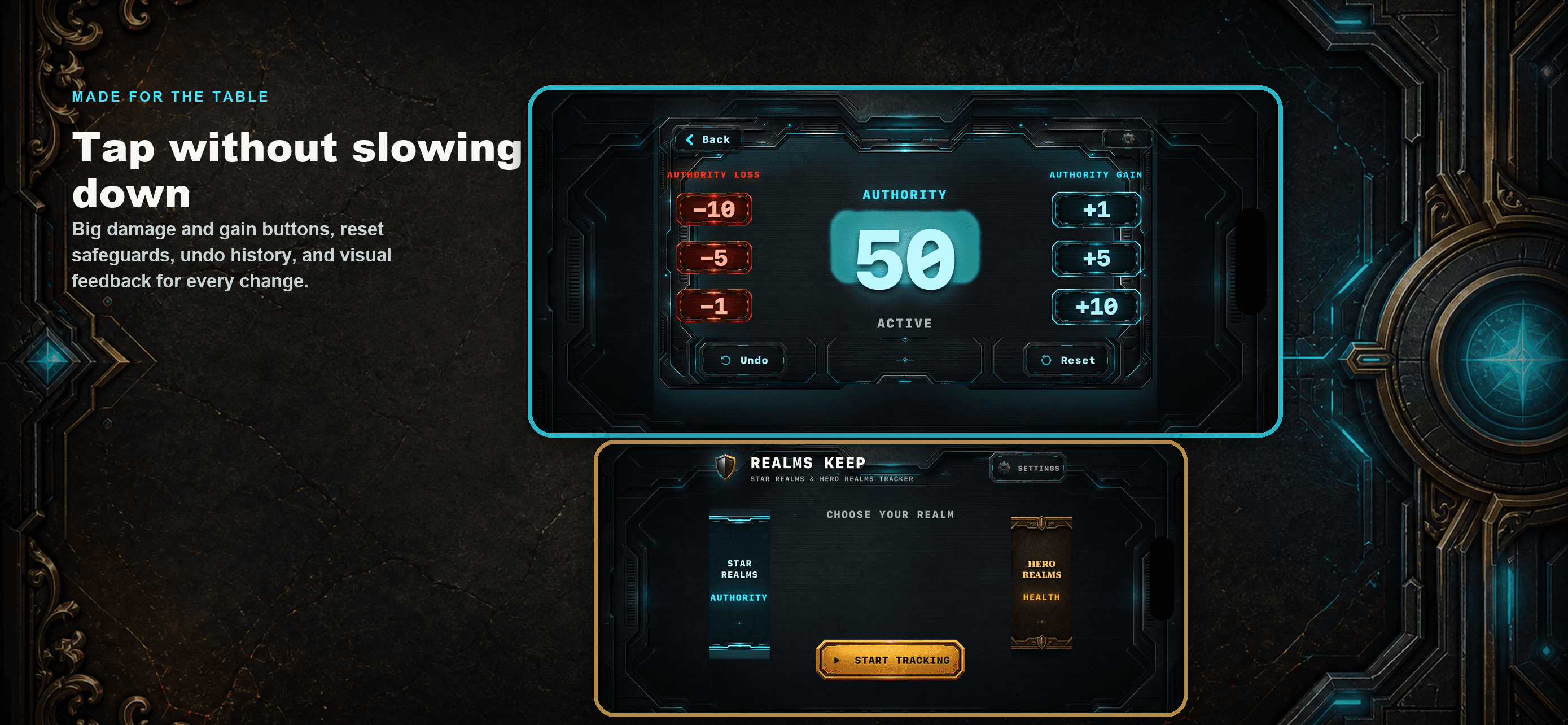 Realms Keep artwork showing large damage and healing controls for fast table play.