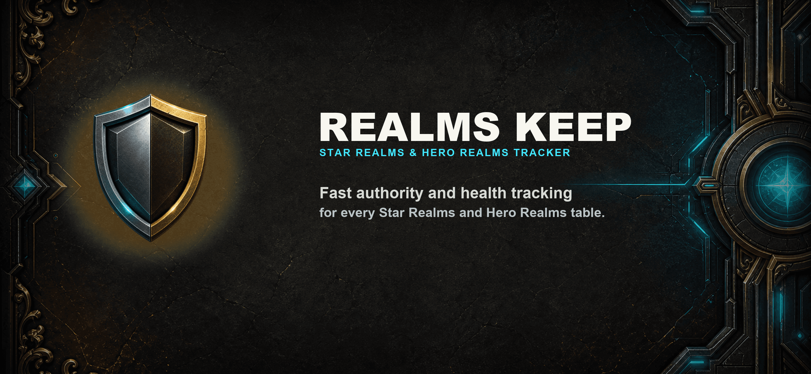 Realms Keep logo lockup and app icon on a dark tabletop backdrop.